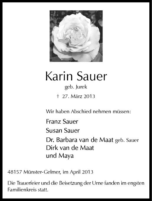  Traueranzeige für Karin Sauer vom 06.04.2013 aus Westfälische Nachrichten