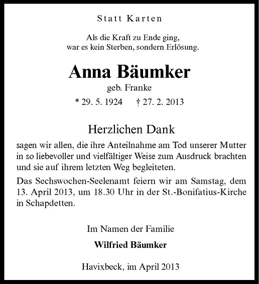  Traueranzeige für Anna Bäumker vom 06.04.2013 aus Westfälische Nachrichten