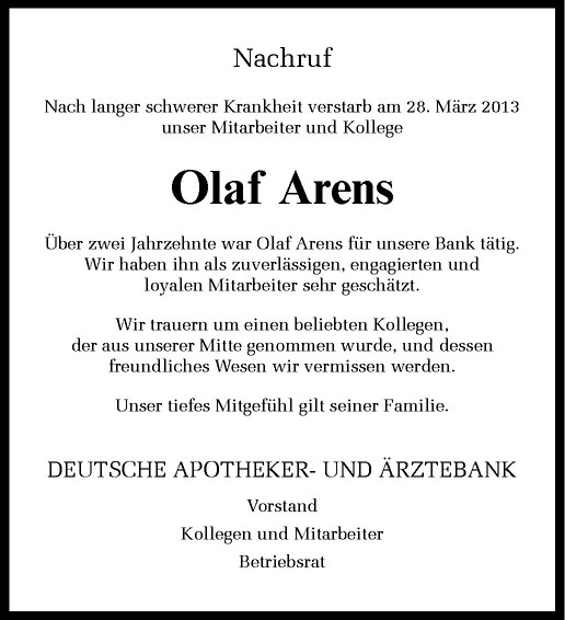 Traueranzeige für Olaf Arens vom 06.04.2013 aus Westfälische Nachrichten