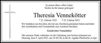 Anzeige von Theresia Vennekötter von Westfälische Nachrichten