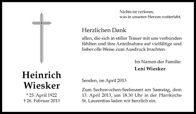  Traueranzeige für Heinrich Wiesker vom 06.04.2013 aus Westfälische Nachrichten
