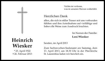 Anzeige von Heinrich Wiesker von Westfälische Nachrichten