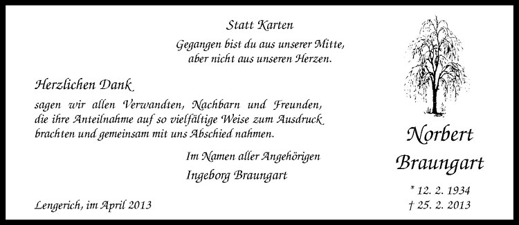  Traueranzeige für Norbert Braungart vom 13.04.2013 aus Westfälische Nachrichten