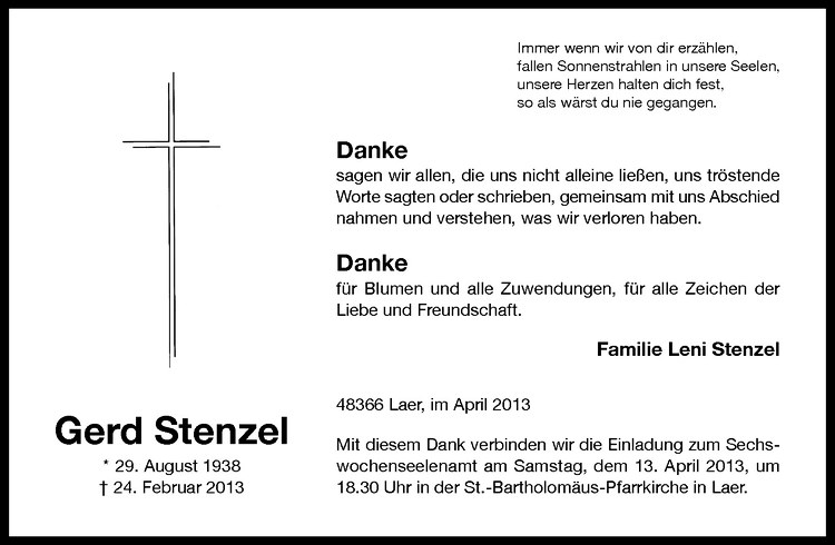  Traueranzeige für Gerd Stenzel vom 10.04.2013 aus Westfälische Nachrichten