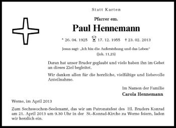 Anzeige von Paul Hennemann von Westfälische Nachrichten