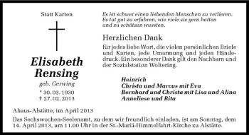 Anzeige von Elisabeth Rensing von Westfälische Nachrichten