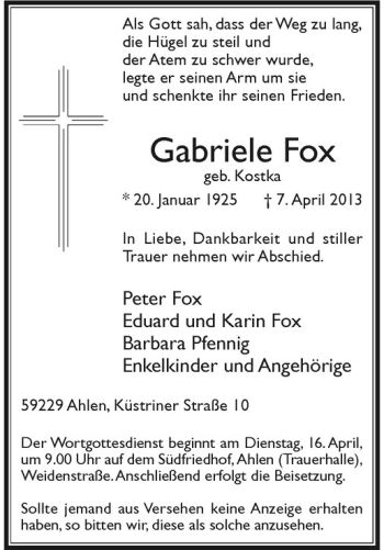 Anzeige von Gabriele Fox von Westfälische Nachrichten