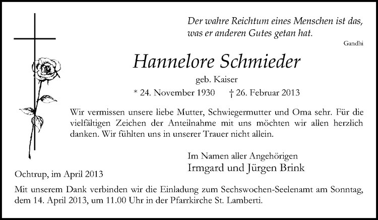  Traueranzeige für Hannelore Schmieder vom 12.04.2013 aus Westfälische Nachrichten