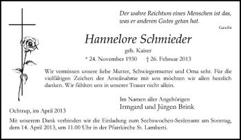 Anzeige von Hannelore Schmieder von Westfälische Nachrichten