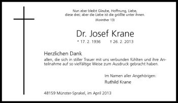Anzeige von Josef Krane von Westfälische Nachrichten