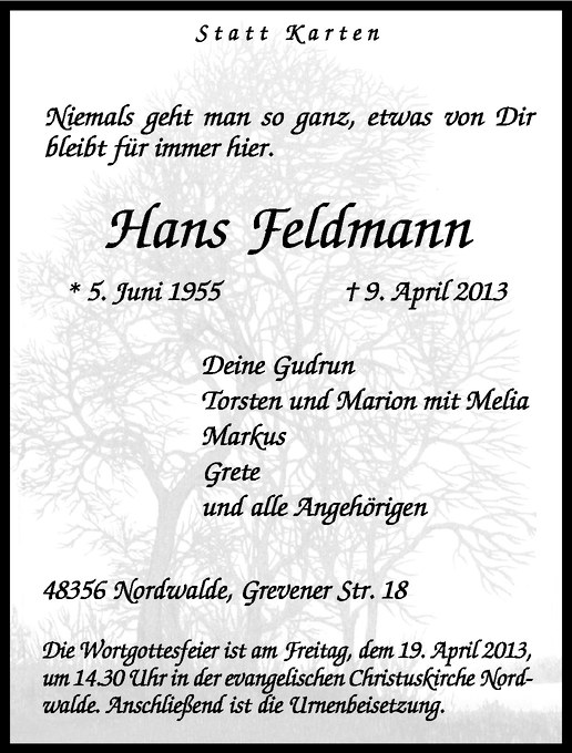  Traueranzeige für Hans Feldmann vom 13.04.2013 aus Westfälische Nachrichten