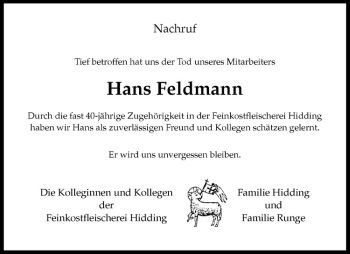 Anzeige von Hans Feldmann von Westfälische Nachrichten