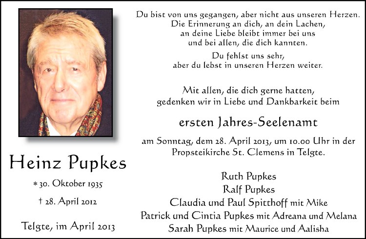  Traueranzeige für Heinz Pupkes vom 20.04.2013 aus Westfälische Nachrichten