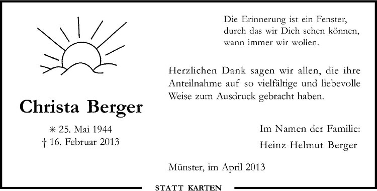  Traueranzeige für Christa Berger vom 19.04.2013 aus Westfälische Nachrichten