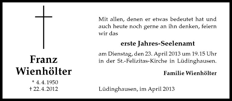  Traueranzeige für Franz Wienhölter vom 20.04.2013 aus Westfälische Nachrichten