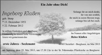 Anzeige von Ingeborg Klaßen von Westfälische Nachrichten