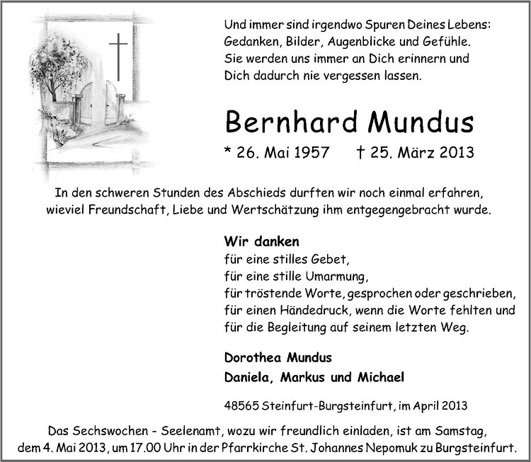  Traueranzeige für Bernhard Mundus vom 27.04.2013 aus Westfälische Nachrichten