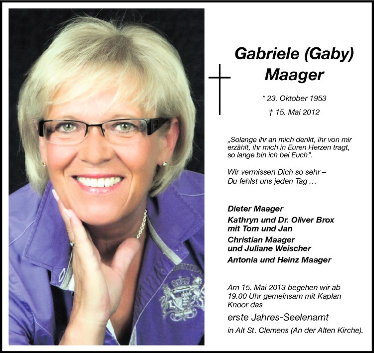  Traueranzeige für Gabriele Maager vom 11.05.2013 aus Westfälische Nachrichten