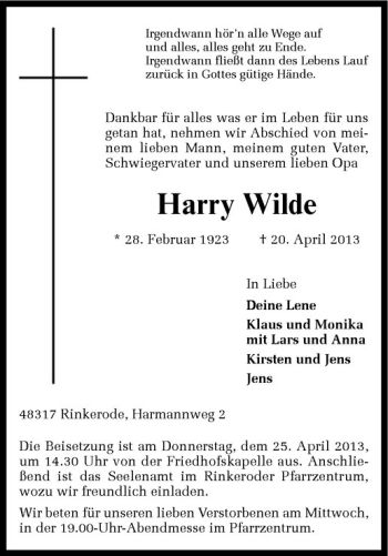 Anzeige von Harry Wilde von Westfälische Nachrichten