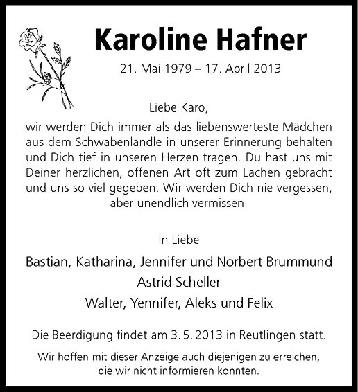  Traueranzeige für Karoline Hafner vom 27.04.2013 aus Westfälische Nachrichten