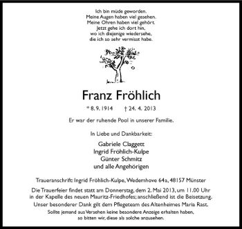 Anzeige von Franz Fröhlich von Westfälische Nachrichten