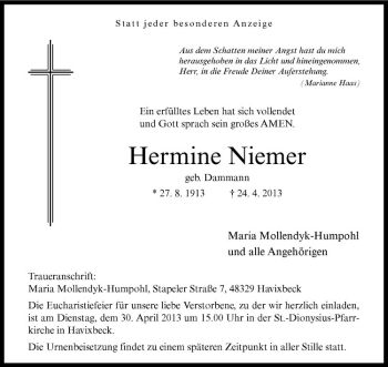 Anzeige von Hermine Niemer von Westfälische Nachrichten