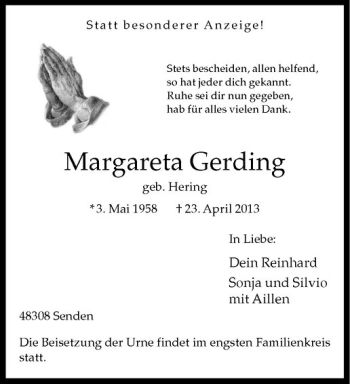 Anzeige von Margareta Gerding von Westfälische Nachrichten