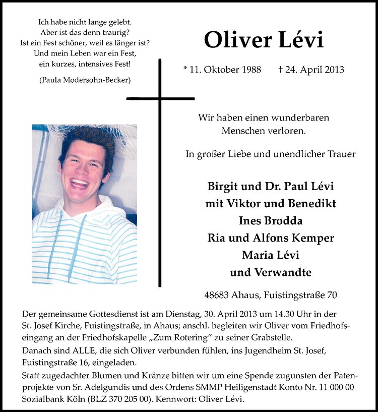 Traueranzeige für Oliver Lévi vom 29.04.2013 aus Westfälische Nachrichten