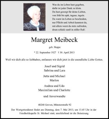 Anzeige von Margret Meibeck von Westfälische Nachrichten