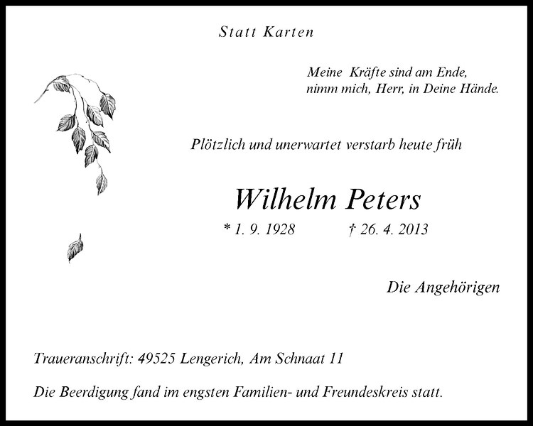 Traueranzeige für Wilhelm Peters vom 03.05.2013 aus Westfälische Nachrichten