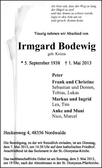 Anzeige von Irmgard Bodewig von Westfälische Nachrichten