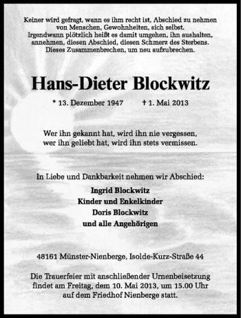 Anzeige von Hans-Dieter Blockwitz von Westfälische Nachrichten
