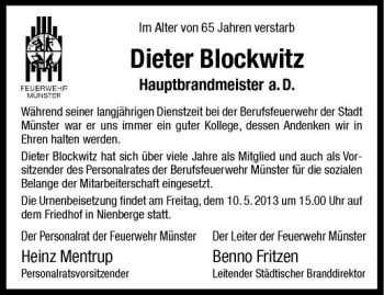 Anzeige von Hans-Dieter Blockwitz von Westfälische Nachrichten