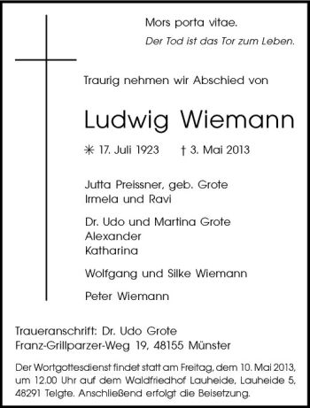 Anzeige von Ludwig Wiemann von Westfälische Nachrichten