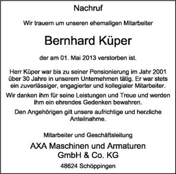 Anzeige von Bernhard Küper von Westfälische Nachrichten