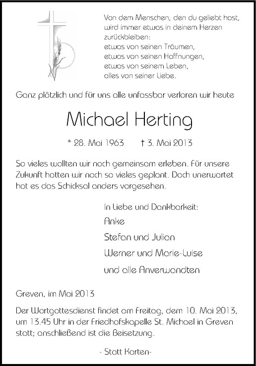  Traueranzeige für Michael Herting vom 09.05.2013 aus Westfälische Nachrichten