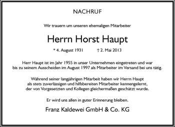 Anzeige von Horst Haupt von Westfälische Nachrichten