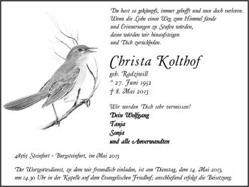 Anzeige von Christa Kolthof von Westfälische Nachrichten