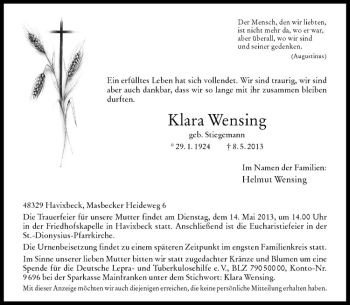 Anzeige von Klara Wensing von Westfälische Nachrichten