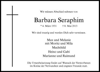 Anzeige von Barbara Seraphim von Westfälische Nachrichten