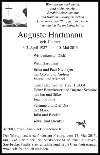 Anzeige von Auguste Hartmann von Westfälische Nachrichten