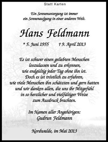 Anzeige von Hans Feldmann von Westfälische Nachrichten