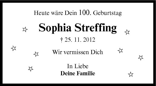  Traueranzeige für Sophia Streffing vom 17.05.2013 aus Westfälische Nachrichten