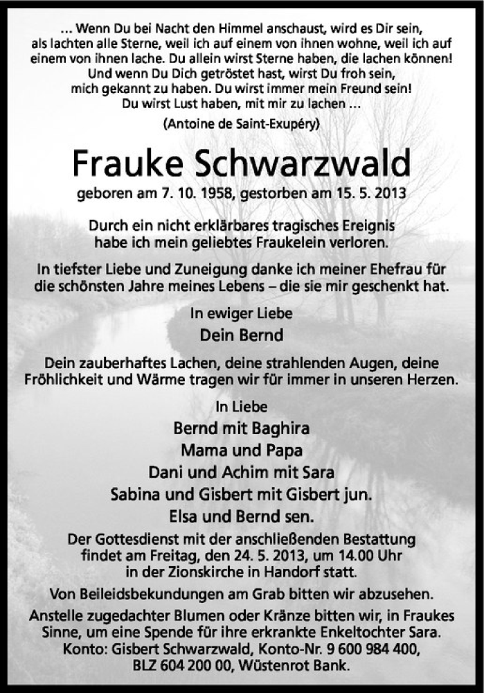  Traueranzeige für Frauke Schwarzwald vom 18.05.2013 aus Westfälische Nachrichten