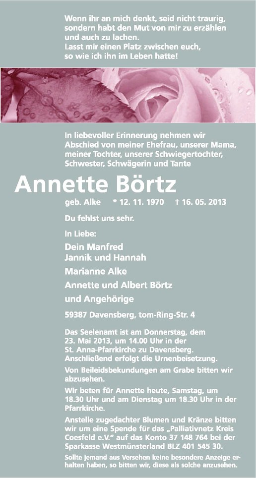  Traueranzeige für Annette Börtz vom 18.05.2013 aus Westfälische Nachrichten