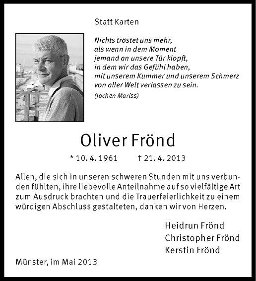  Traueranzeige für Oliver Frönd vom 25.05.2013 aus Westfälische Nachrichten