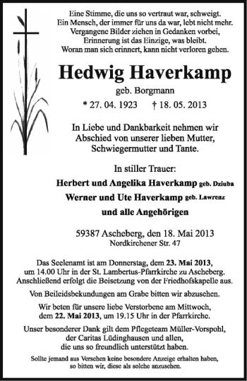 Anzeige von Hedwig Haverkamp von Westfälische Nachrichten