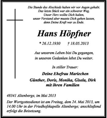 Anzeige von Hans Höpfner von Westfälische Nachrichten