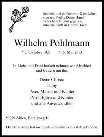 Anzeige von Wilhelm Pohlmann von Westfälische Nachrichten