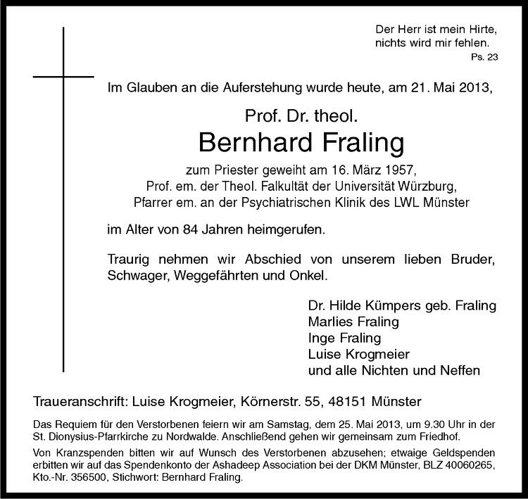  Traueranzeige für Bernhard Fraling vom 23.05.2013 aus Westfälische Nachrichten